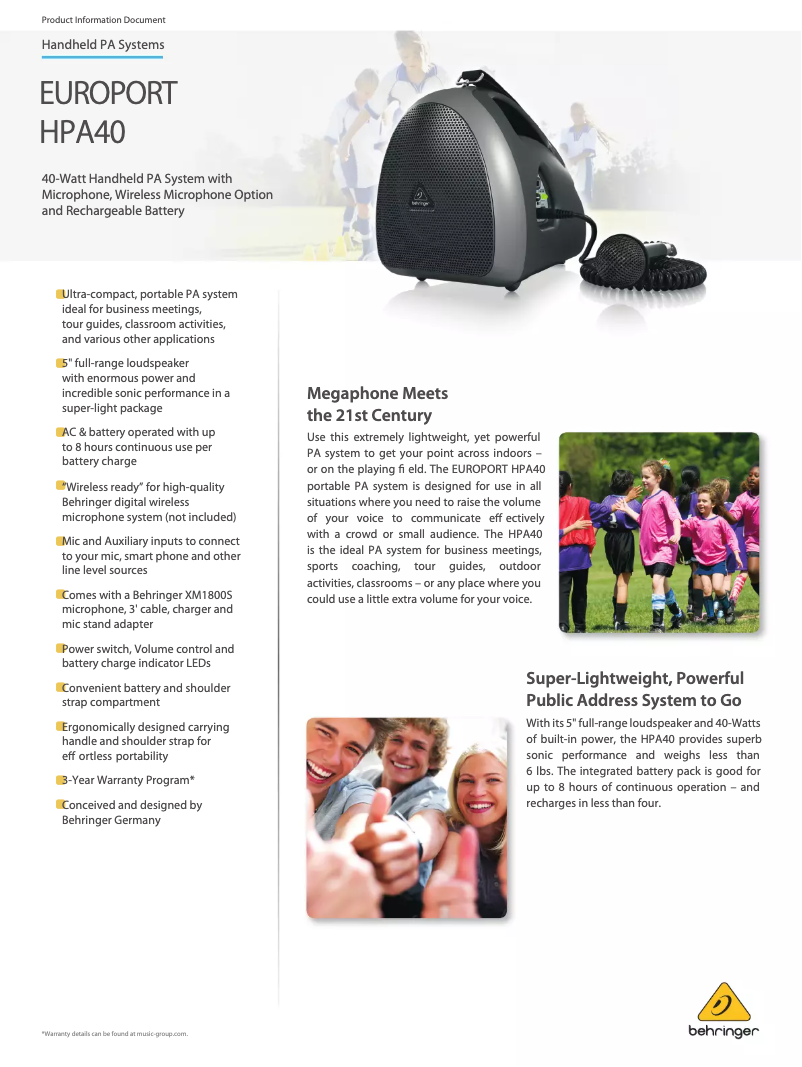 Page 1 de la notice Fiche technique Behringer Europort HPA40
