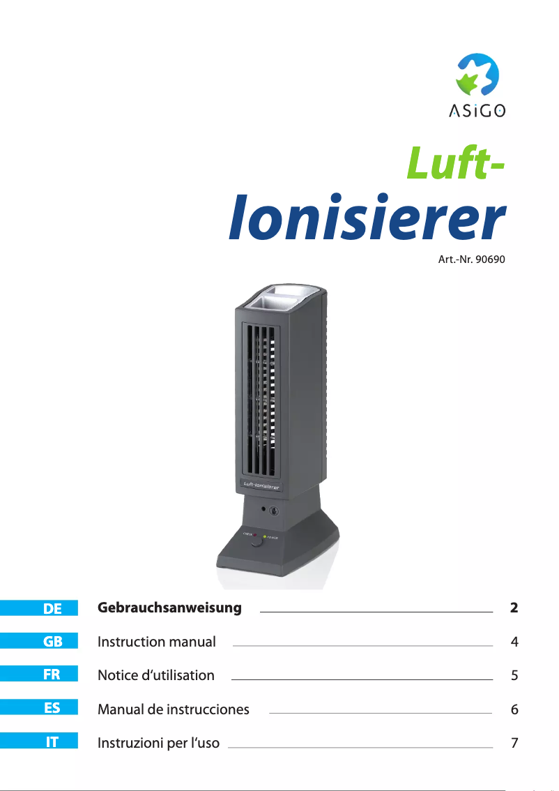Page 1 de la notice Manuel utilisateur ASIGO Luft-Ionisierer 96690