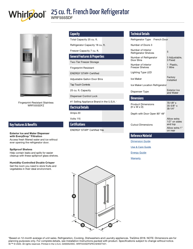 Page 1 de la notice Fiche technique Whirlpool WRF555SDFZ