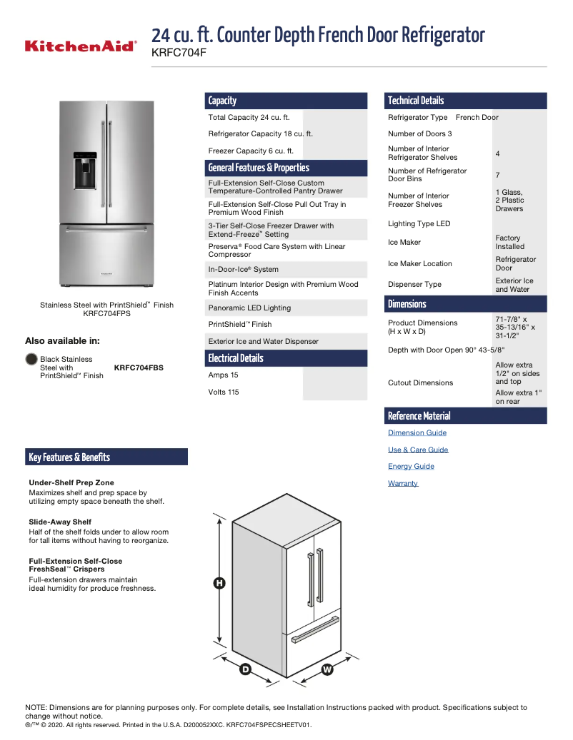 Página 1 del manual Ficha técnica KitchenAid KRFC704FBS