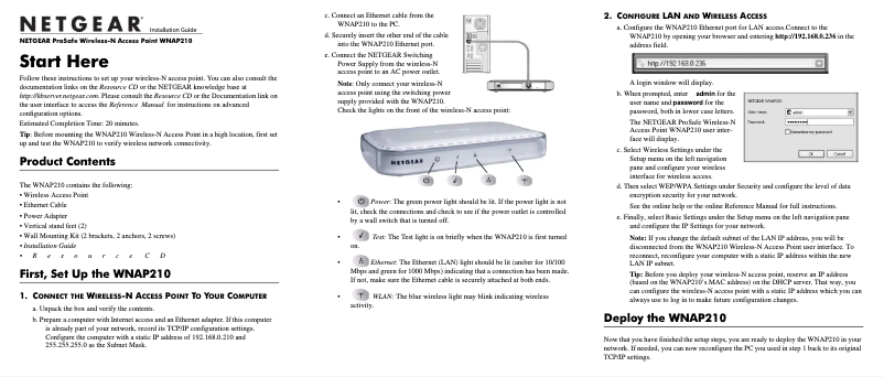 Page 1 de la notice Guide d'installation Netgear ProSafe WNAP210