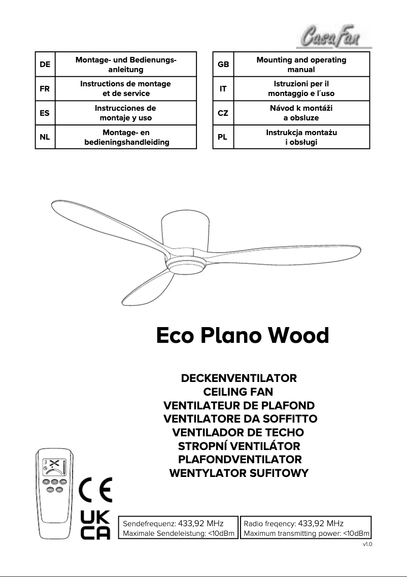 Page 1 de la notice Manuel utilisateur CasaFan Eco Plano Wood