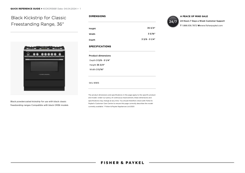 Page 1 de la notice Manuel utilisateur Fisher & Paykel KICKOR36B1