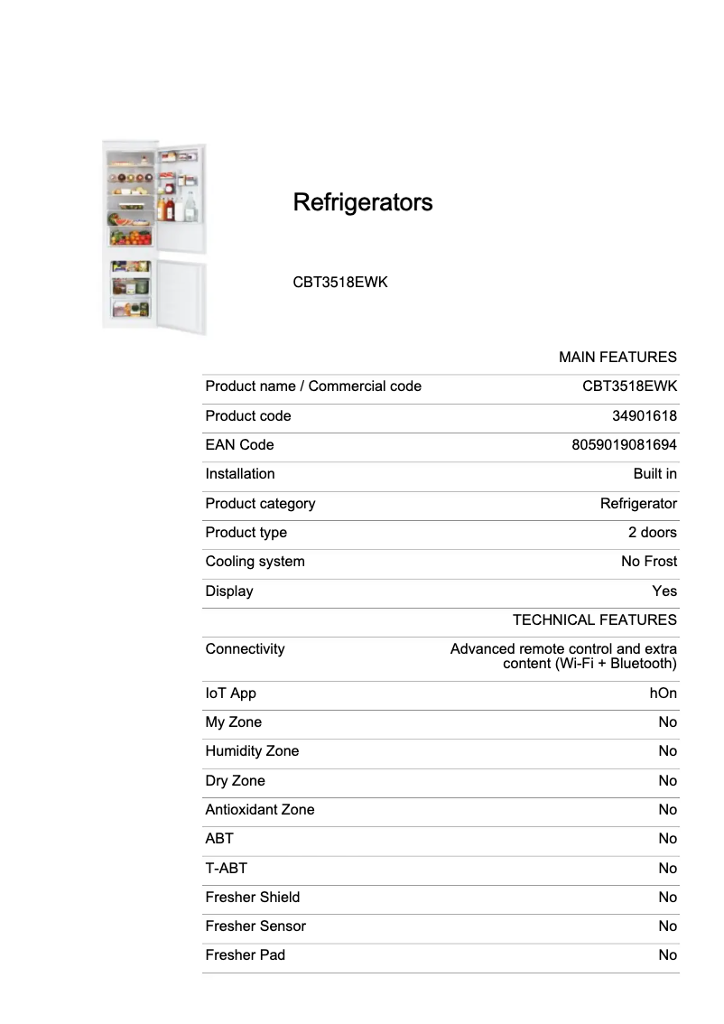 Page 1 de la notice Fiche technique Candy CBT3518EWK