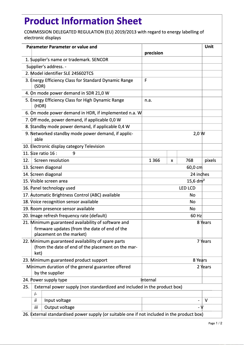 Page 1 de la notice Fiche technique Sencor SLE 24S602TCS