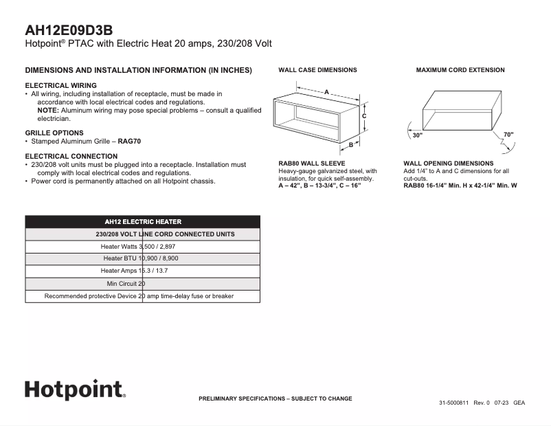 Page 1 de la notice Fiche technique Hotpoint AH12E09D3B