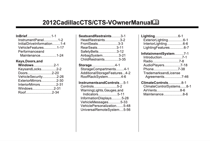 Page 1 de la notice Manuel utilisateur Cadillac CTS-V (2012)