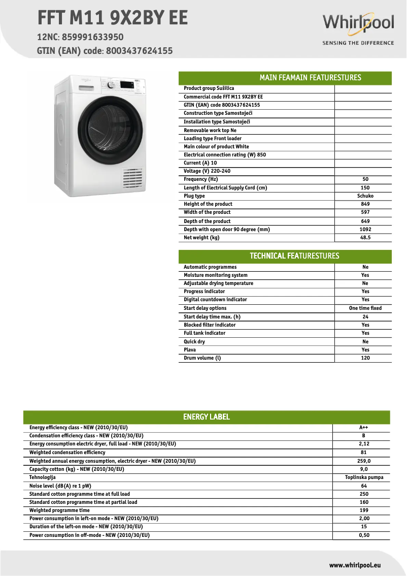 Page n°1 - Fiche technique Whirlpool FFT M11 9X2BY EE