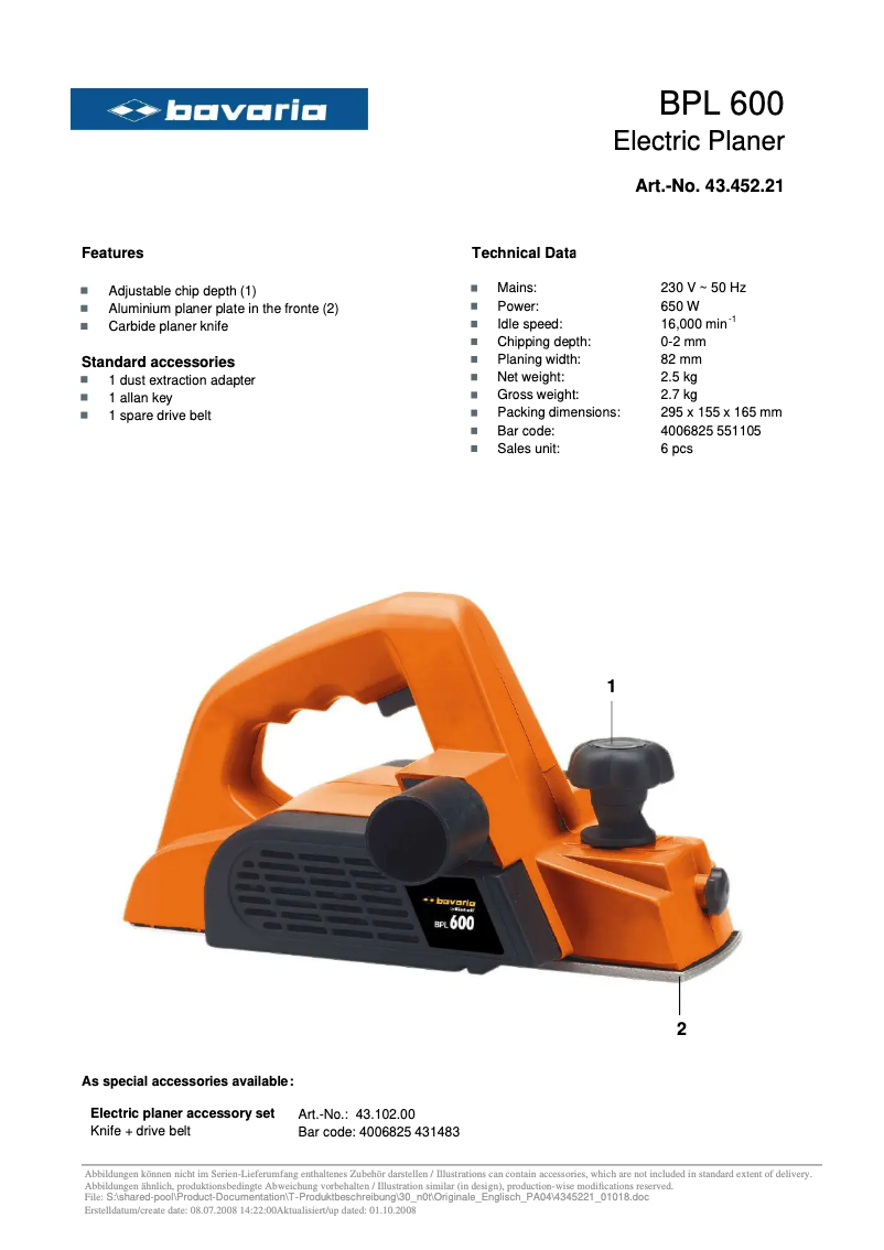 Page 1 de la notice Manuel utilisateur Bavaria by Einhell BPL 600