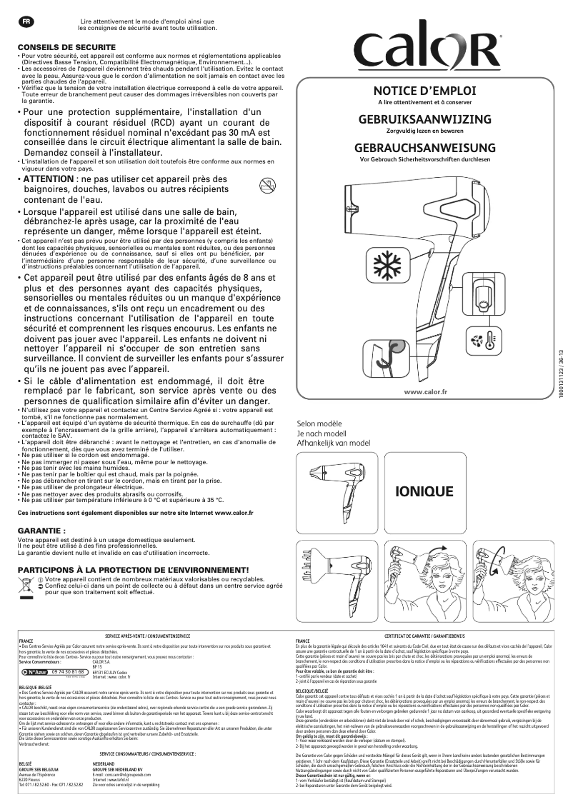 Page 1 de la notice Manuel utilisateur Calor Studio Dry