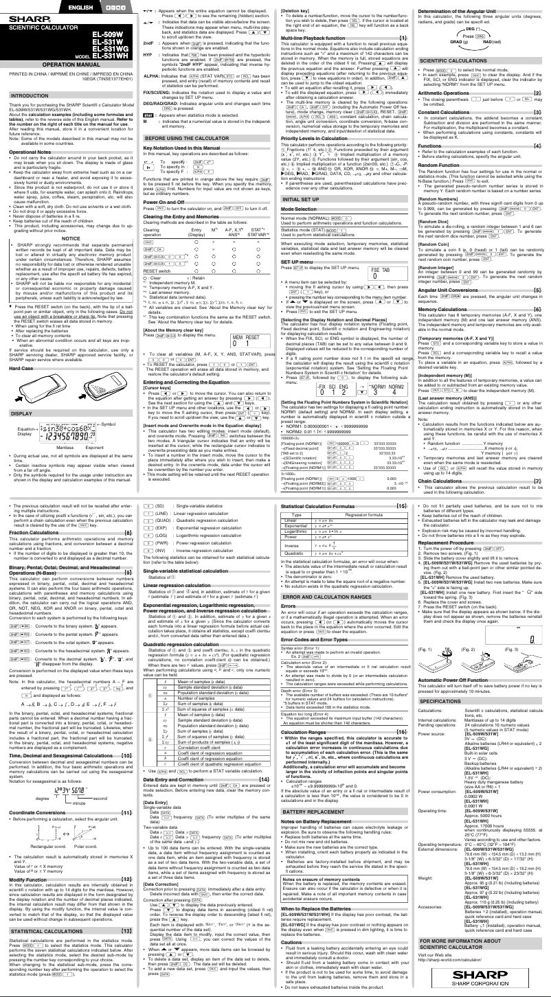 Page 1 de la notice Manuel utilisateur Sharp EL-531XBWH