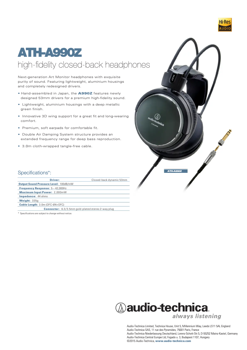 Page 1 de la notice Fiche technique Audio-Technica ATH-A990z