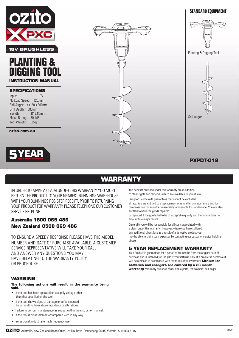 Page n°1 - Manuel utilisateur Ozito PXPDT-018