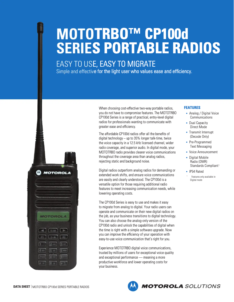 Page 1 de la notice Fiche technique Motorola MOTOTRBO CP100d