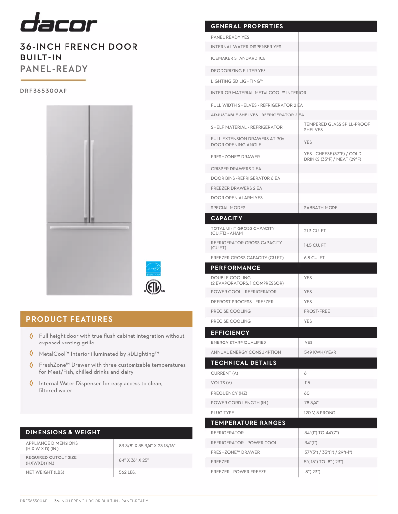 Page 1 de la notice Fiche technique Dacor DRF365300AP