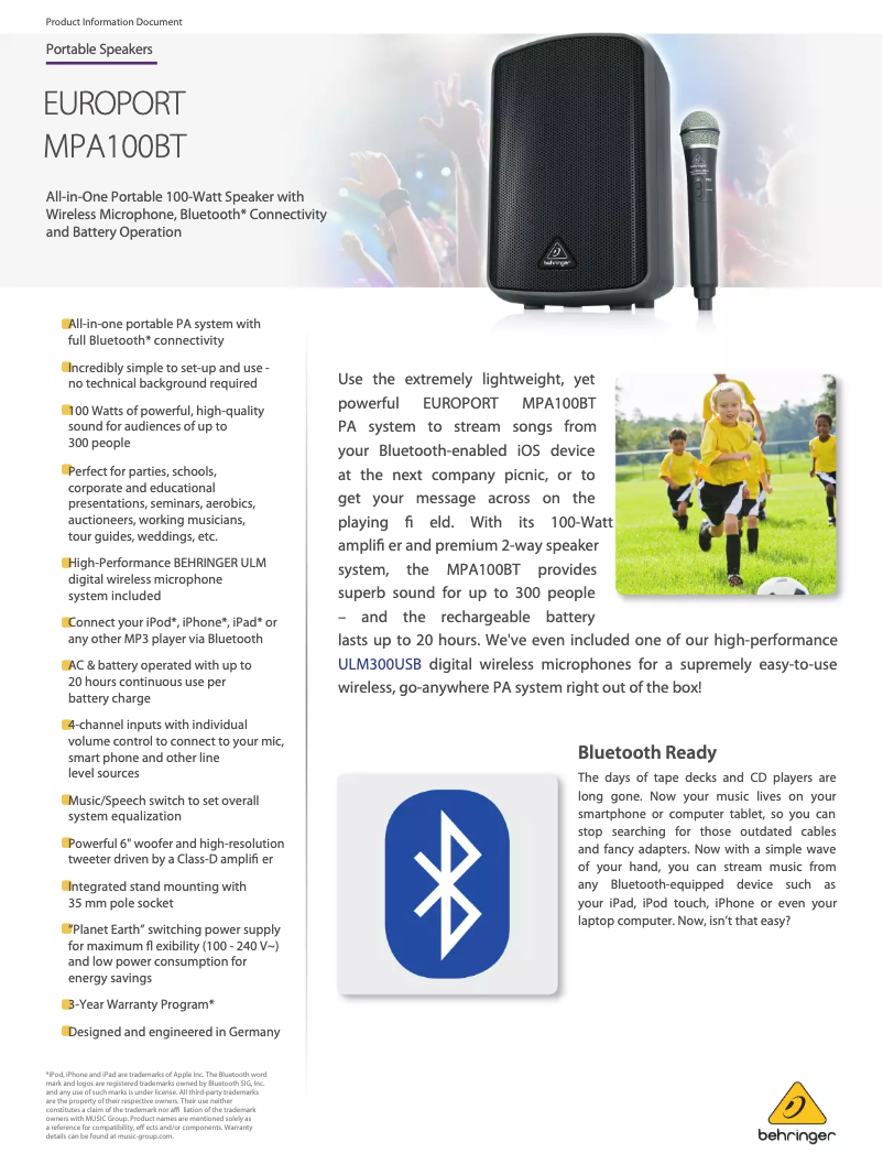Page 1 de la notice Fiche technique Behringer Europort MPA100BT