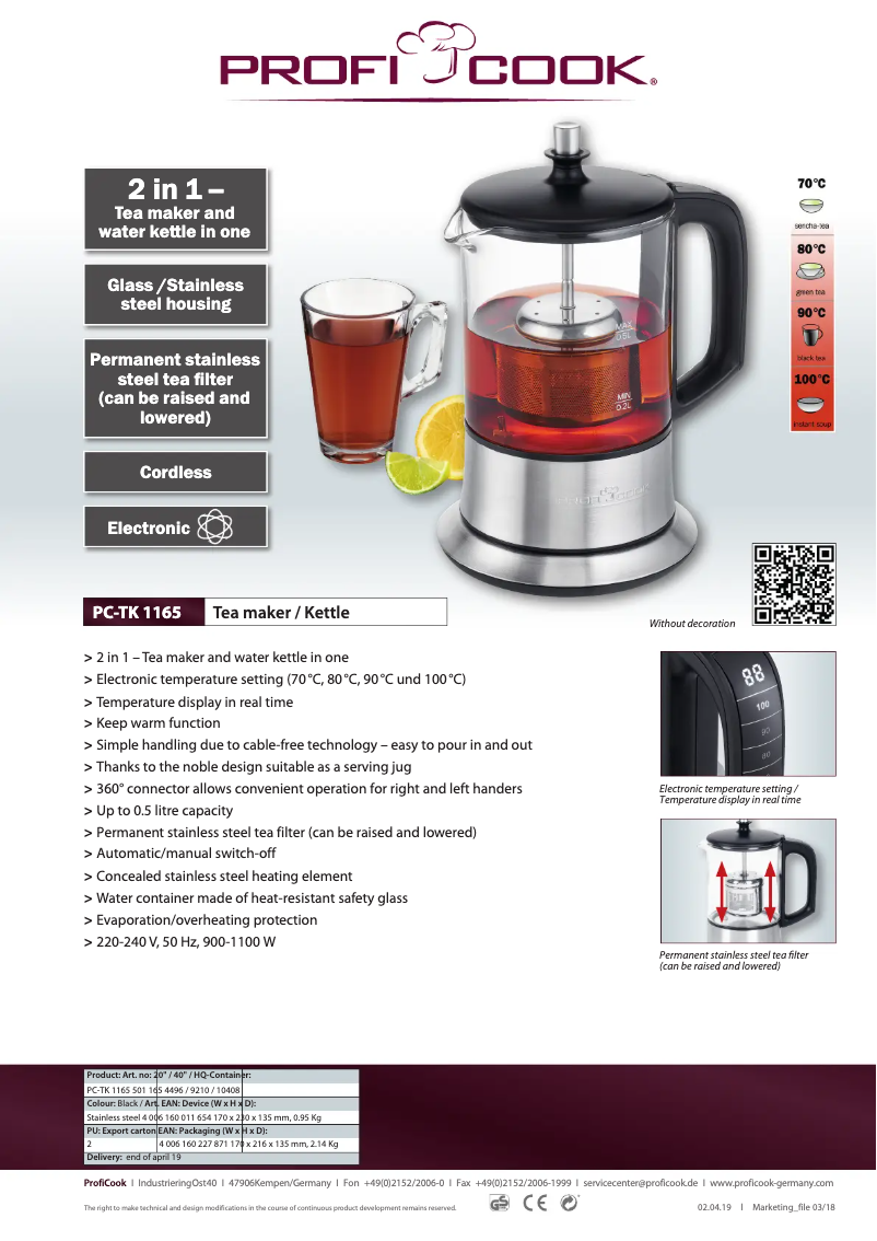Page n°1 - Fiche technique ProfiCook PC-TK 1165
