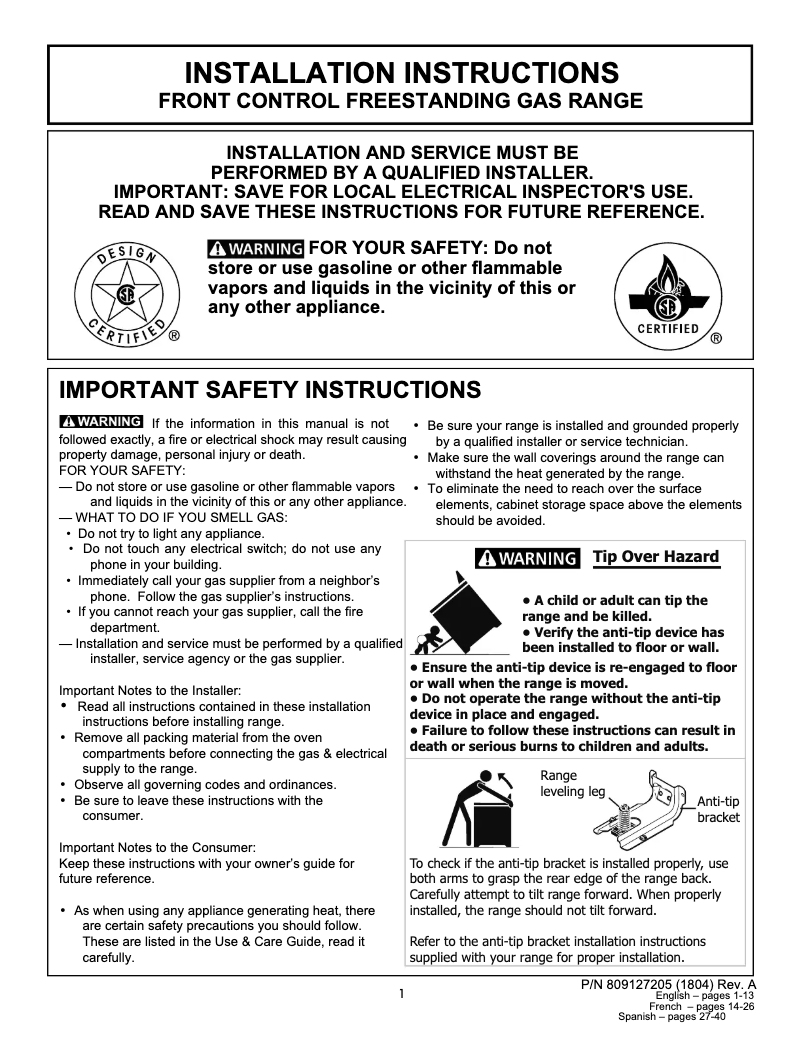Page n°1 - Guide d'installation Frigidaire LFGH3054UF