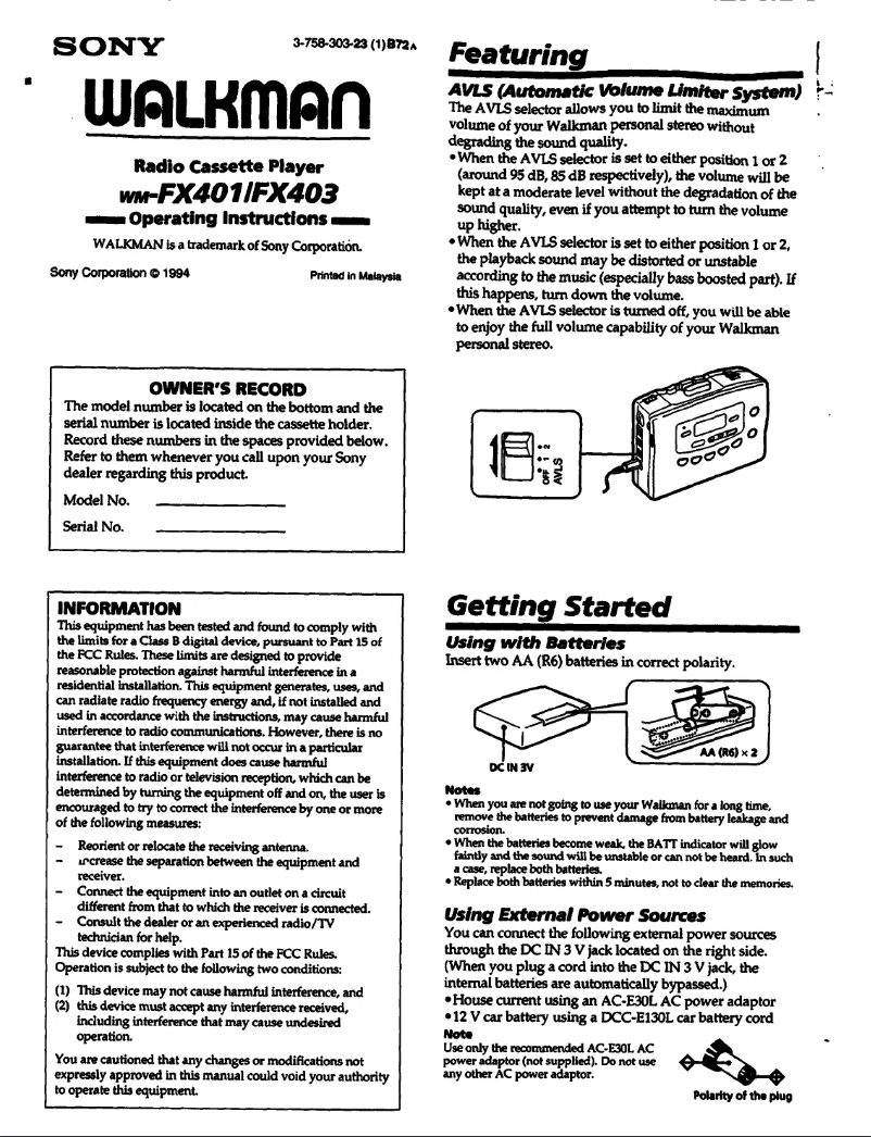 Page 1 de la notice Manuel utilisateur Sony Walkman WM-FX403