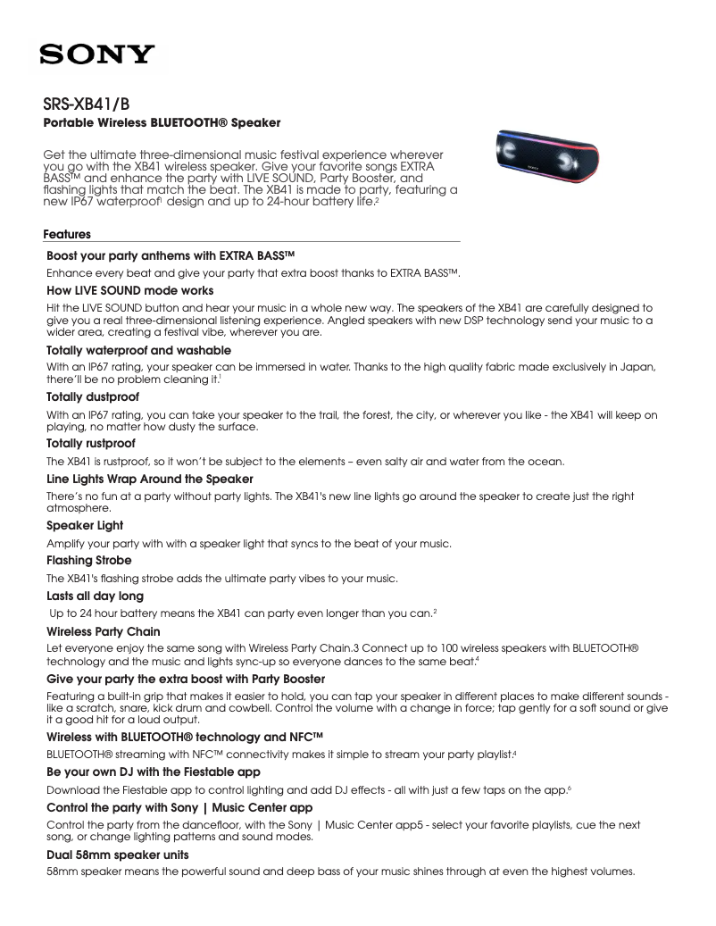 Page 1 de la notice Fiche technique Sony SRS-XB41