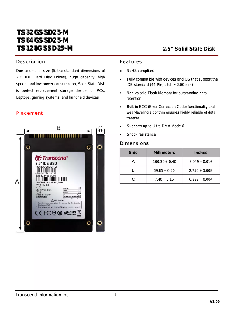 Page 1 de la notice Manuel utilisateur Transcend IDE SSD TS128GSSD25M