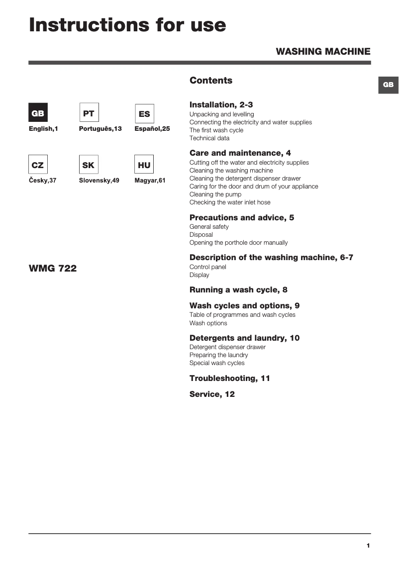 Page n°1 - Manuel utilisateur Hotpoint Ariston WMG 722B EU