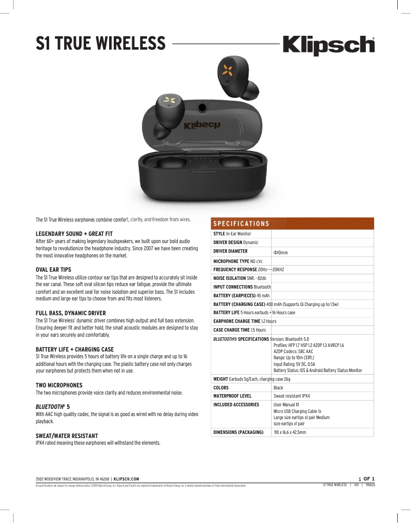 Page n°1 - Fiche technique Klipsch S1 True Wireless