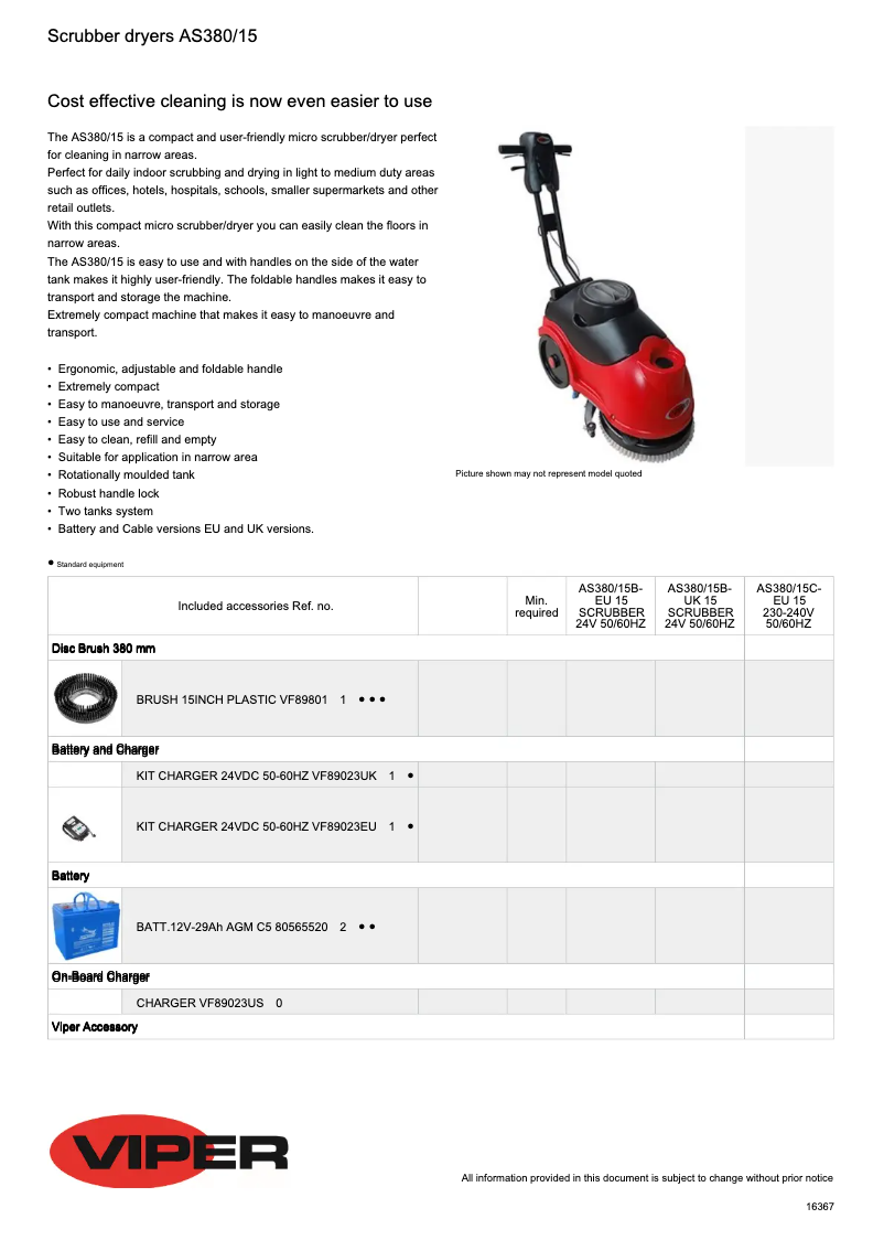 Page 1 de la notice Fiche technique Nilfisk AS380