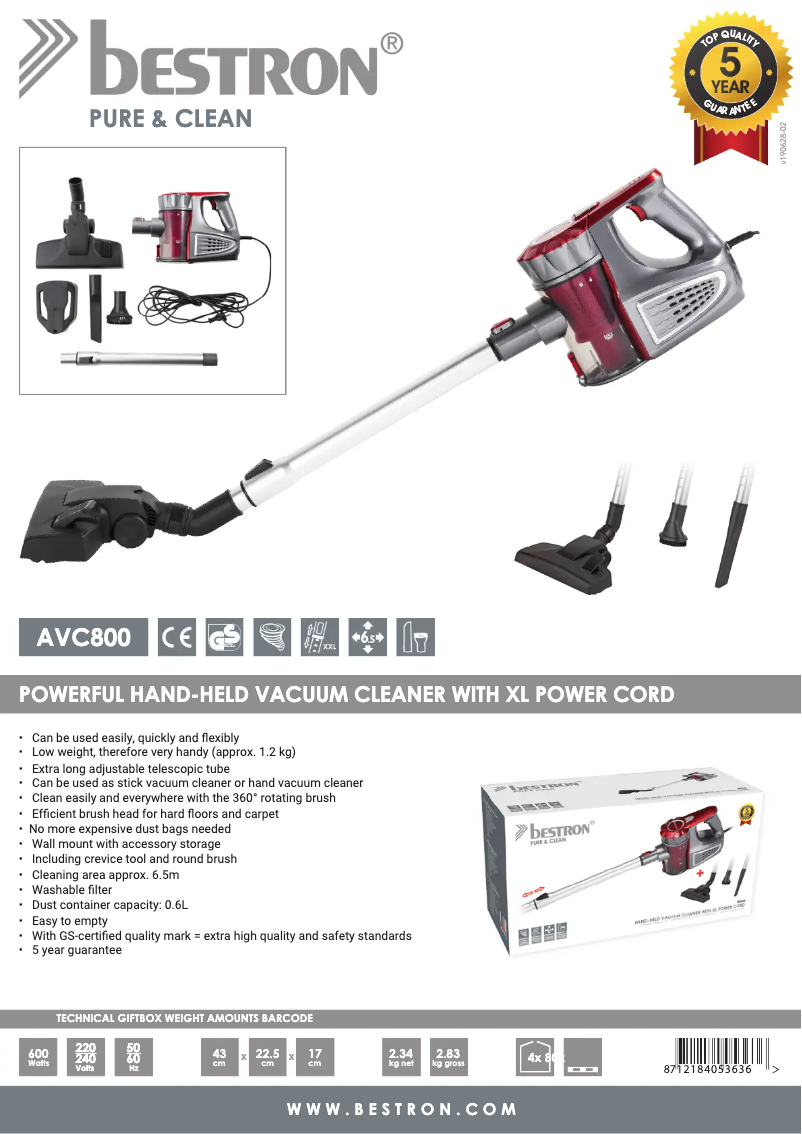 Página 1 del manual Ficha técnica Bestron AVC800