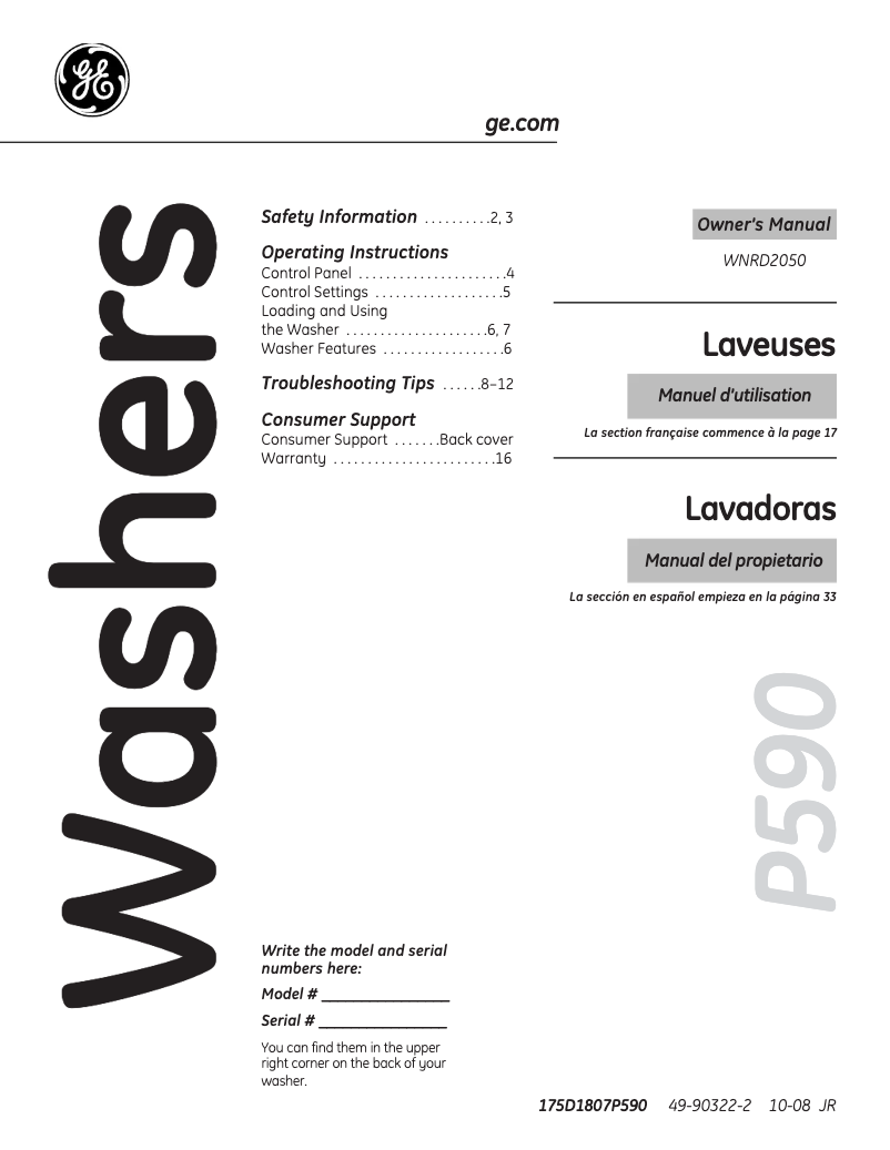 Page 1 de la notice Manuel d'utilisation et d'entretien GE WNRD2050GWC