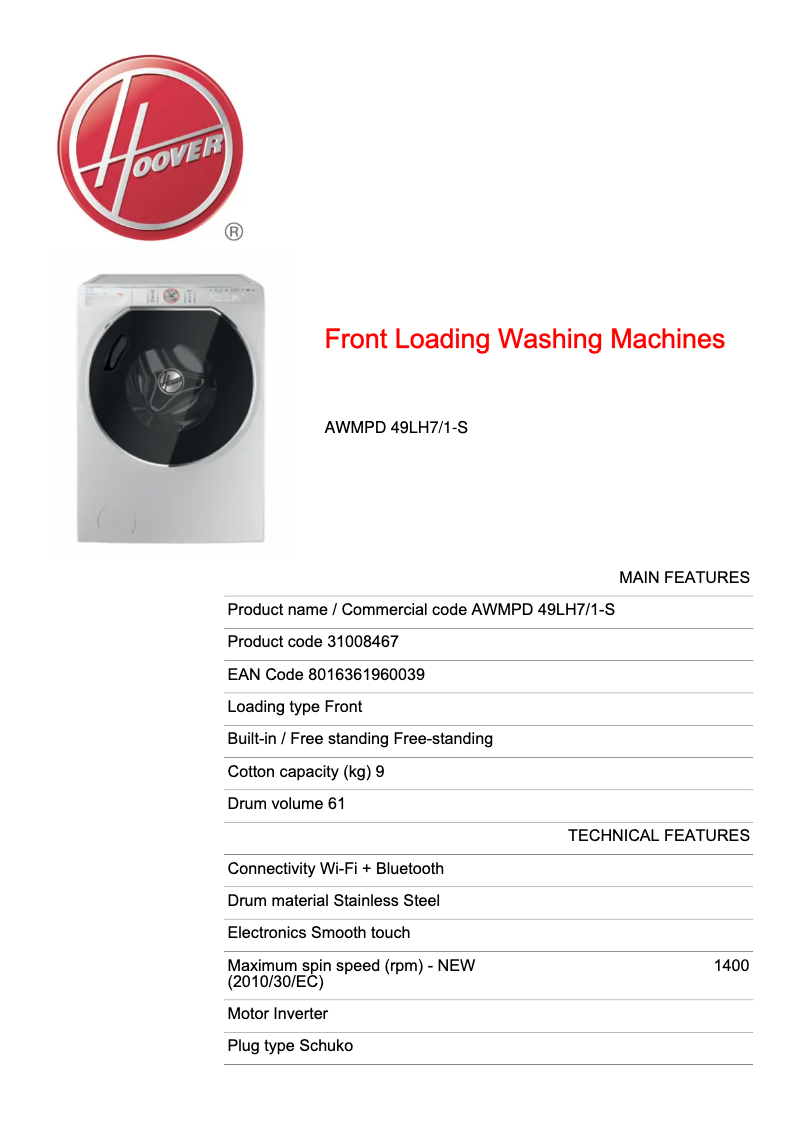 Page 1 de la notice Manuel utilisateur Hoover AXI AWMPD 49LH7/1-S