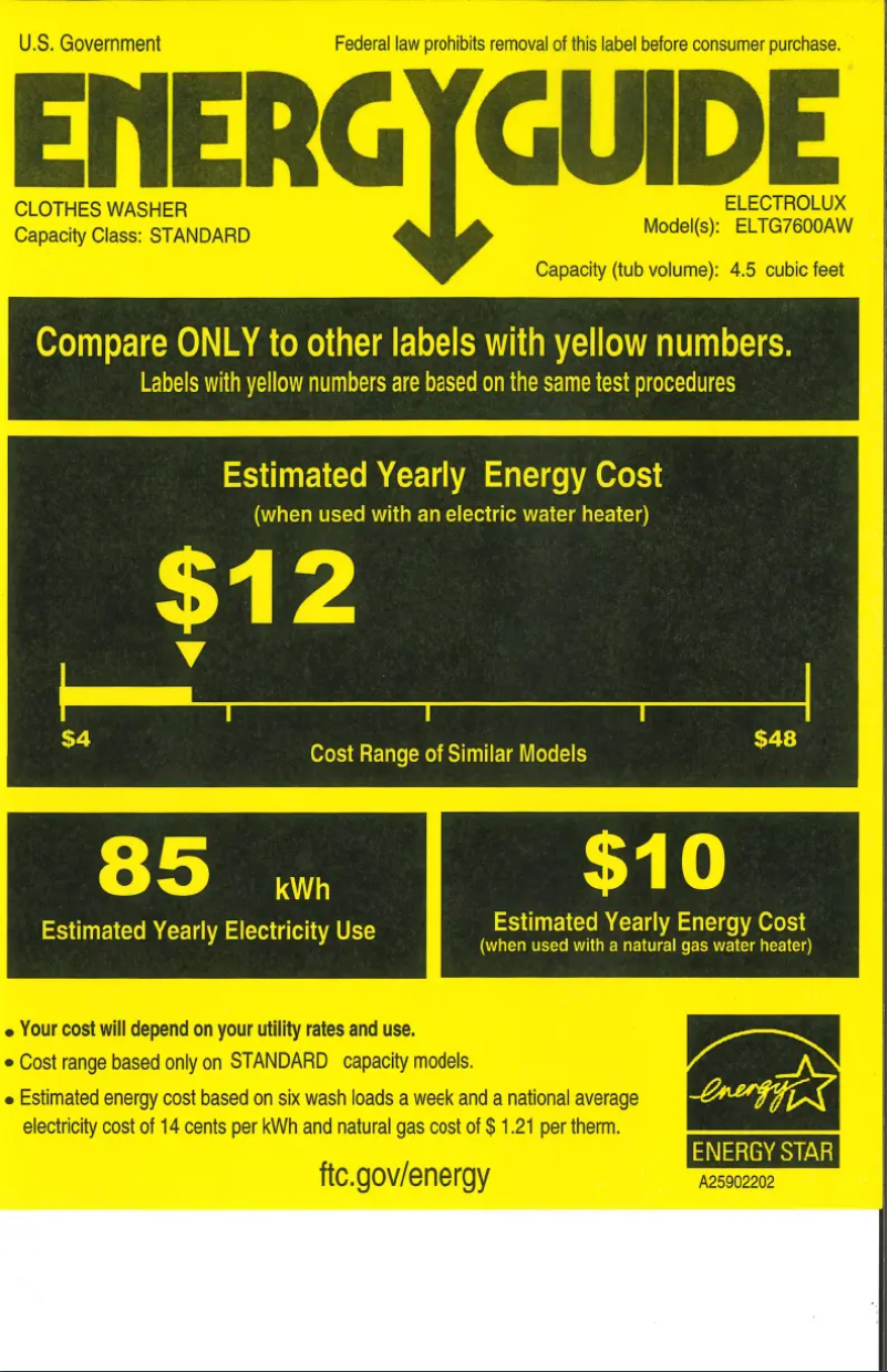 Page 1 de la notice Label énergétique Electrolux ELTG7600AW