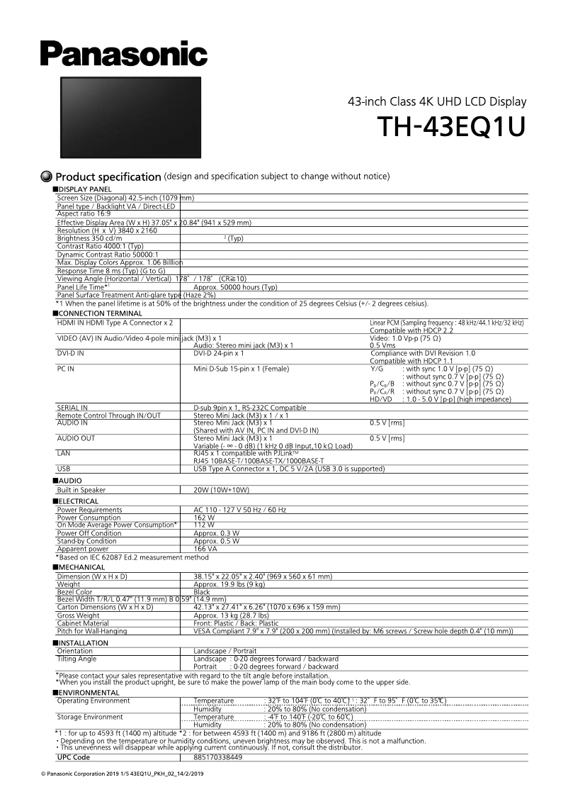 Page 1 de la notice Manuel utilisateur Panasonic TH-43EQ1U