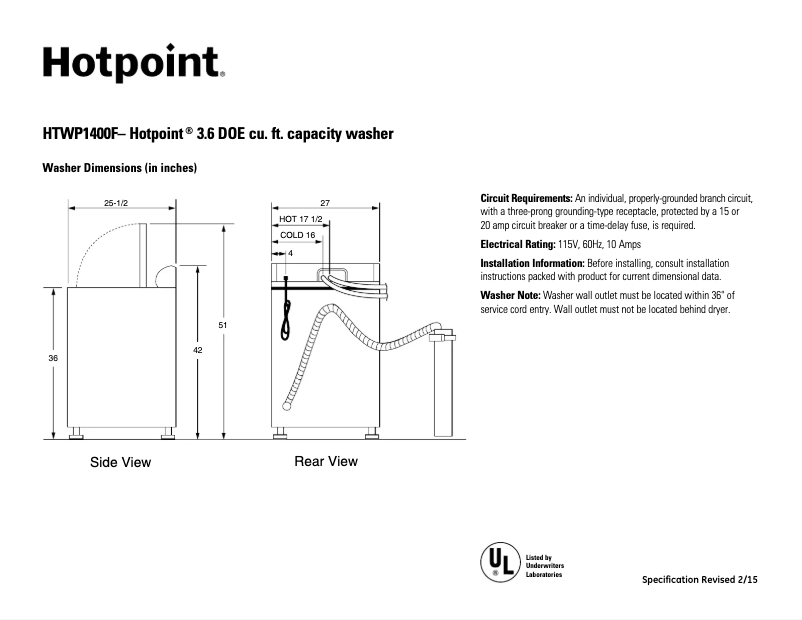 Image de la première page du manuel de l'appareil HTWP1400FWW