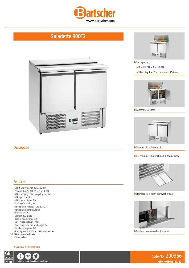Page 1 de la notice Fiche technique Bartscher T2