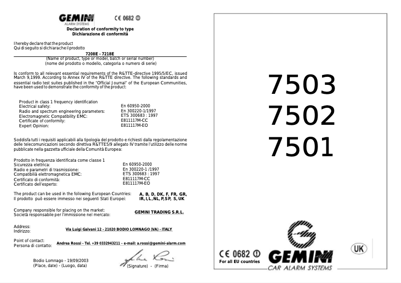Page 1 de la notice Manuel utilisateur Gemini 7502