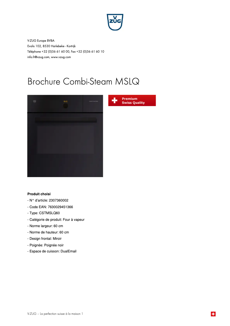 Page 1 de la notice Brochure V-Zug Combi-Steam MSLQ