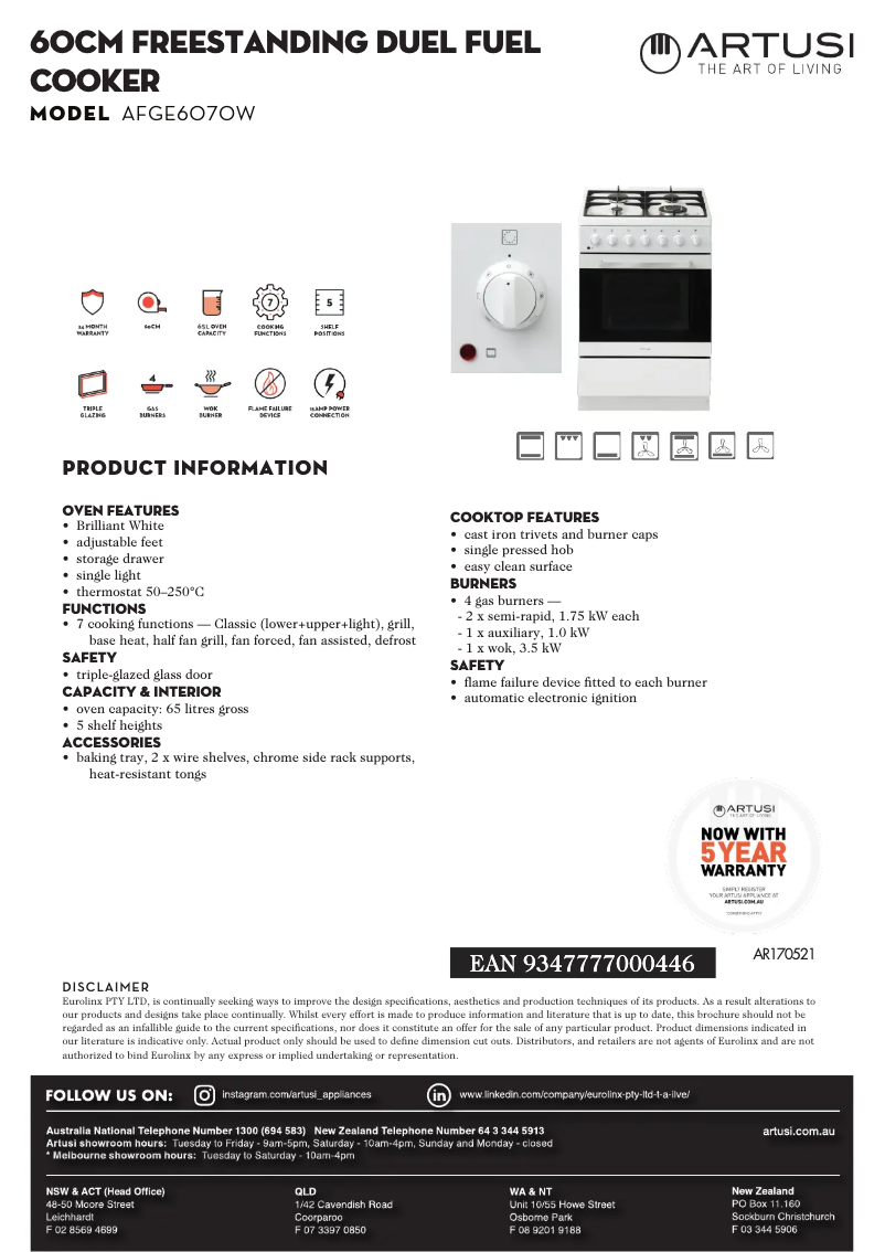 Page 1 de la notice Fiche technique Artusi AFGE6070W