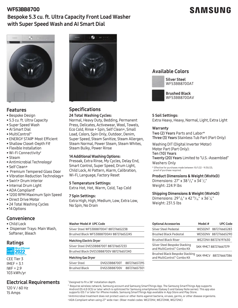 Page n°1 - Fiche technique Samsung WF53BB8700AT
