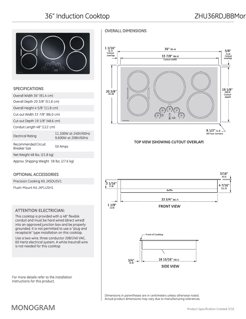 Page 1 de la notice Fiche technique Monogram ZHU36RDJBB