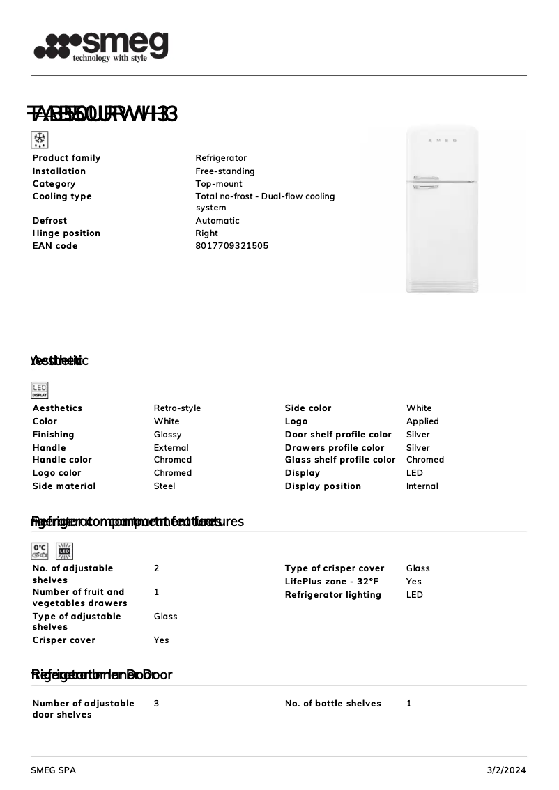Page n°1 - Fiche technique Smeg FAB50URWH3