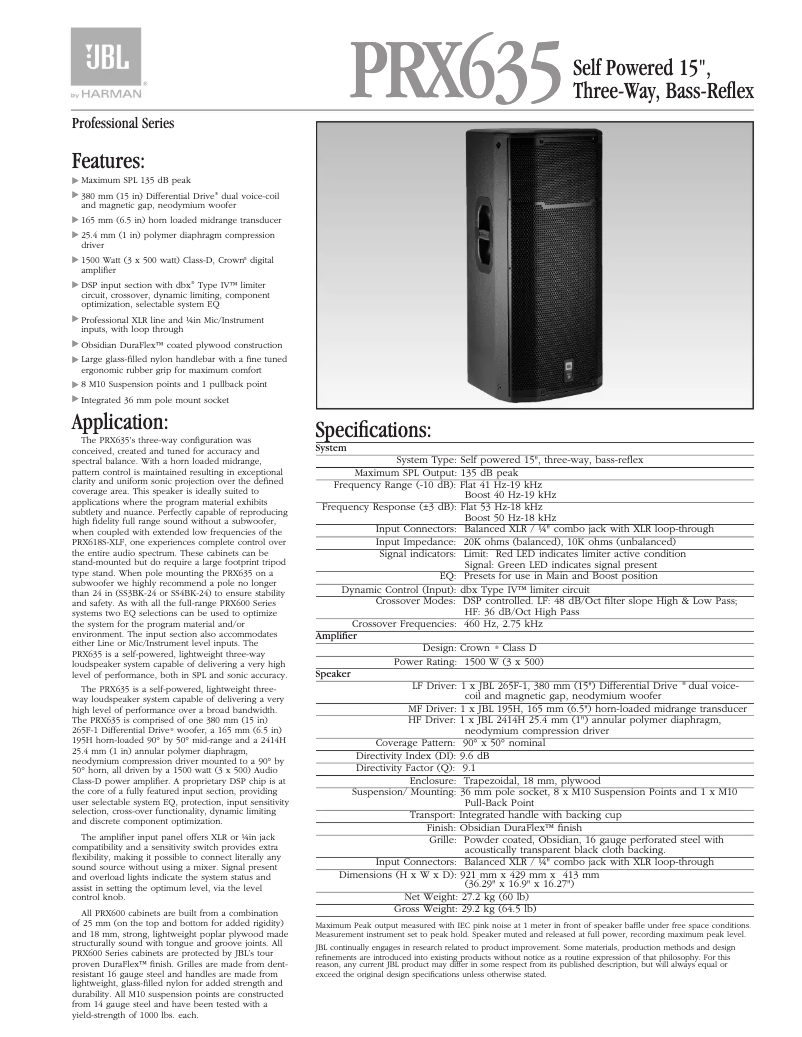 Page 1 de la notice Fiche technique JBL PRX635
