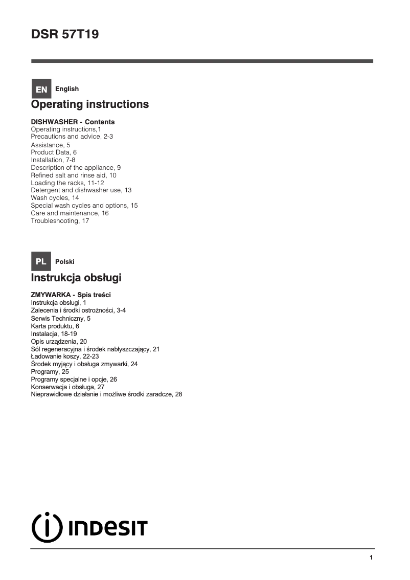 Page 1 de la notice Manuel utilisateur Indesit DSR 57T19 CA S EU