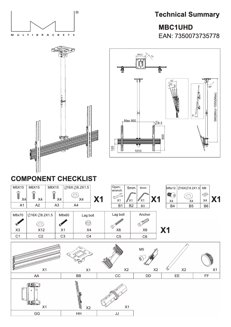 Page 1 de la notice Manuel utilisateur Multibrackets M Ceiling Mount Pro MBC1UPHD