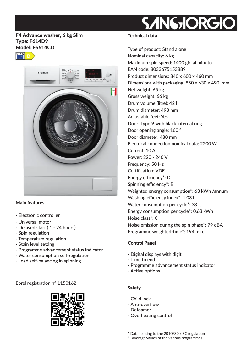 Page 1 de la notice Fiche technique SanGiorgio FS614D9