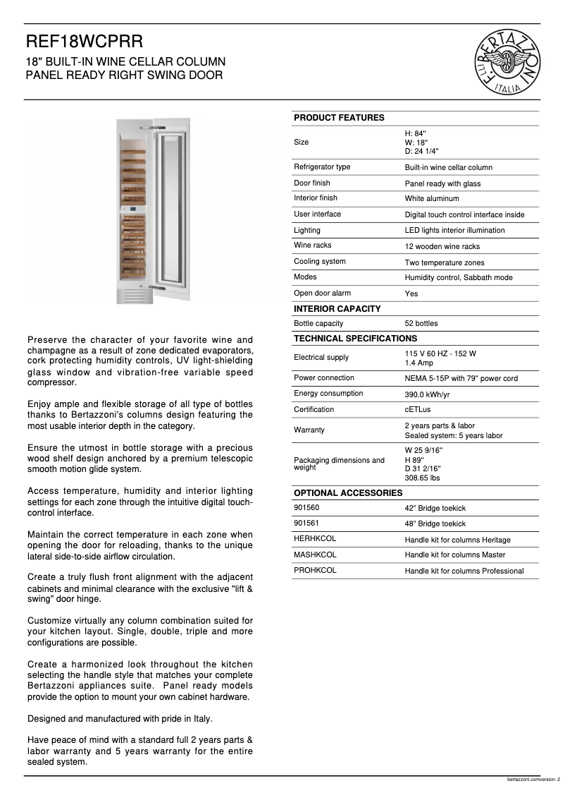 Page 1 de la notice Fiche technique Bertazzoni REF18WCPRR