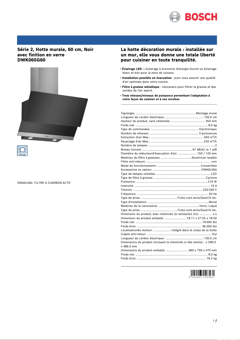 Page 1 de la notice Fiche technique Bosch DWK065G60