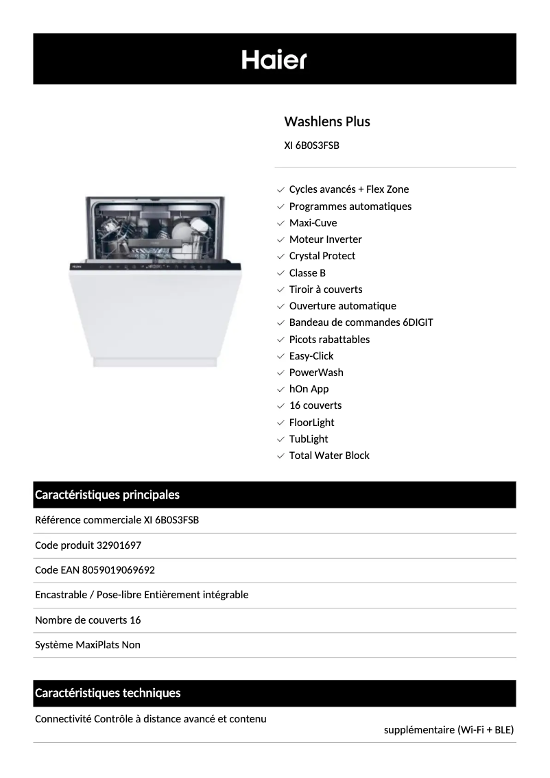 Page 1 de la notice Fiche technique Haier XI 6B0S3FSB