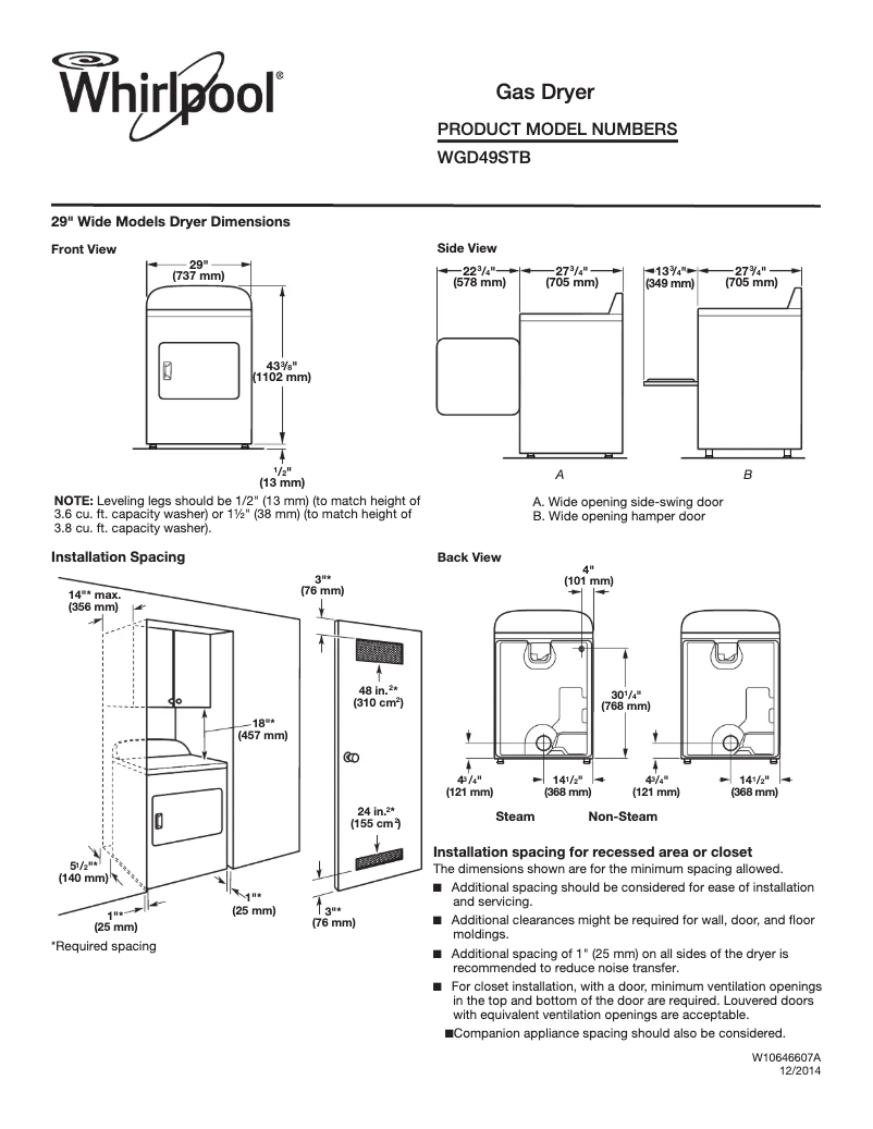 Page 1 de la notice Fiche technique Whirlpool WGD49STB