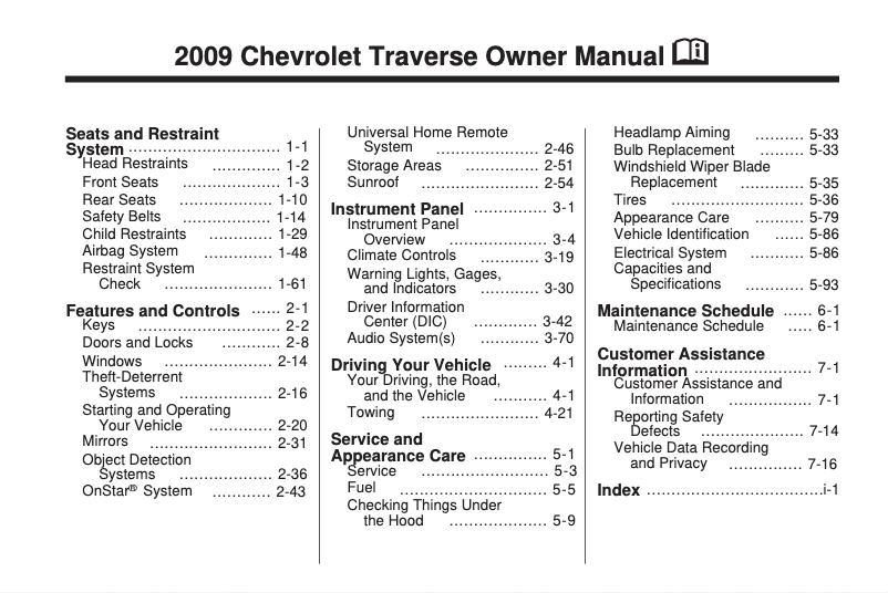 Page 1 de la notice Manuel utilisateur Chevrolet Traverse (2009)